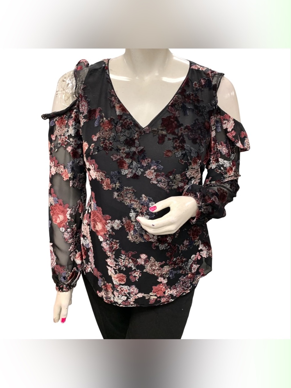 White House Black Market Black Floral Cold-Shoulder V-Neck Blouse Size L